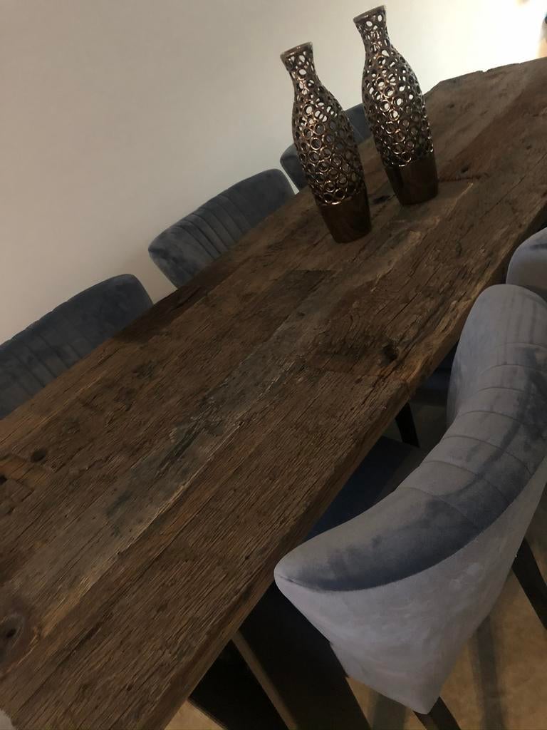 Robuuste wagonhouten eettafel 270cm, Ophalen of Verzenden, Zo goed als nieuw