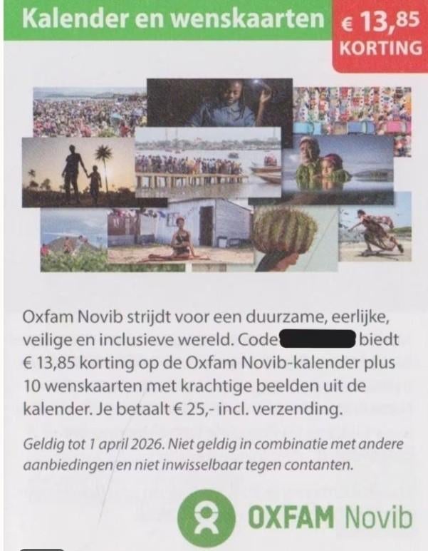 Kalender en wenskaarten €13,85 korting, Eén persoon, Kortingsbon, Warenhuis- of Winkelbon