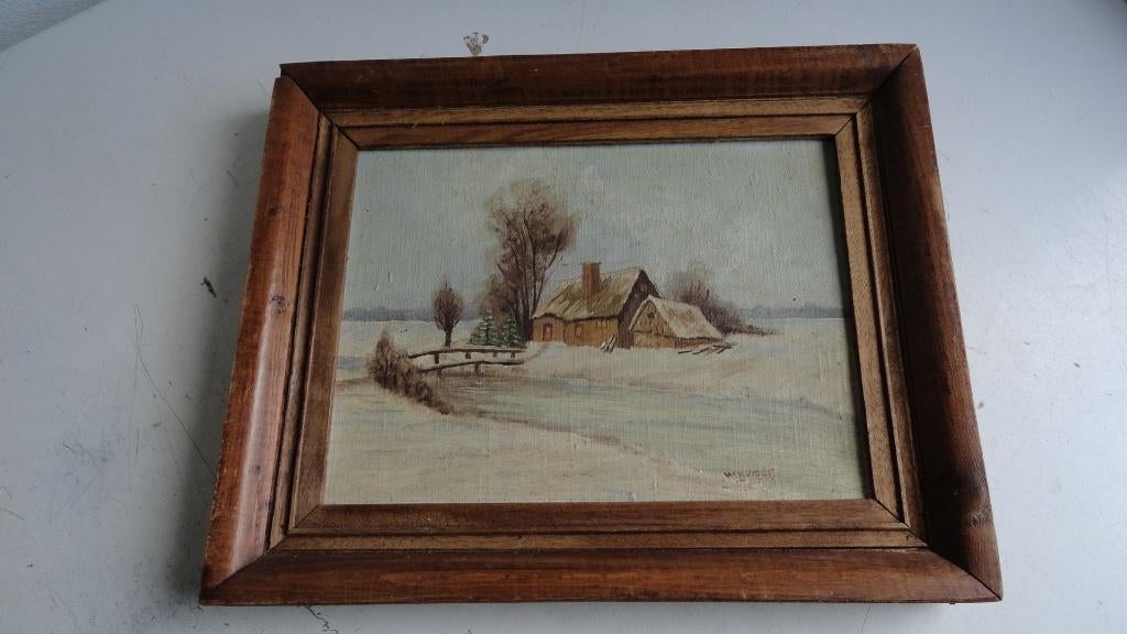 Schilderij, winterlandschap W.Kuiper, ingelijst, Ophalen of Verzenden