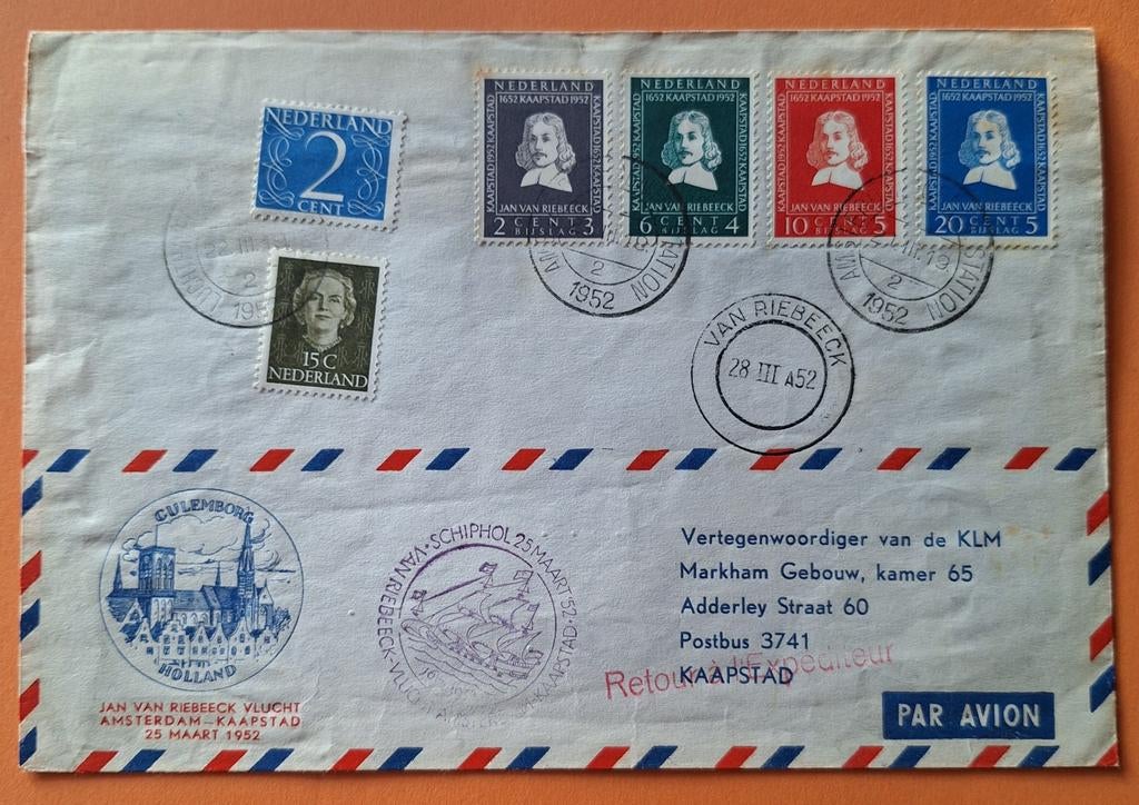 Zeldzame KLM Van Riebeeck Vlucht Eerste Dag Cover 1952, Ophalen of Verzenden, 1940 tot 1960, Ongelopen, Buiten Europa