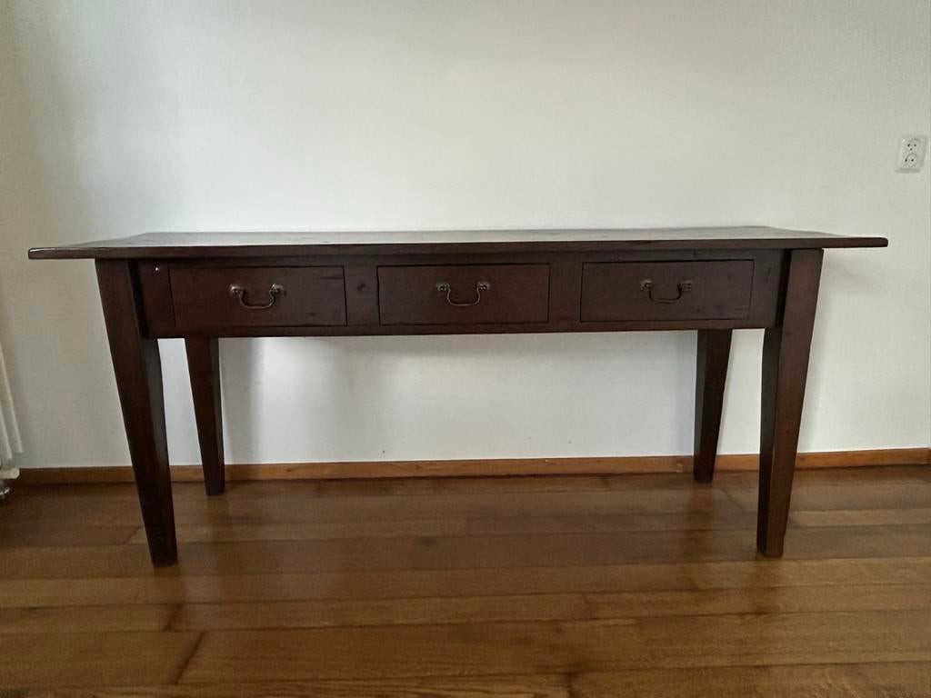 Donkerbruine sidetable met 3 lades, Ophalen, Gebruikt, 150 tot 200 cm, Overige houtsoorten