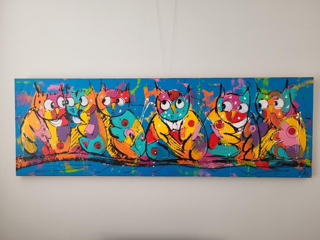 Liz van Moerkerk kleurrijk schilderij van uilen acrylverf, Ophalen of Verzenden