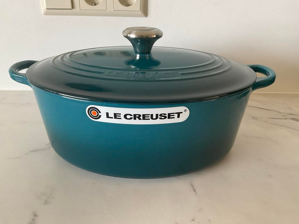 Le creuset 31 cm ovale pan, deep teal, 6,3lt, NOOIT GEBRUIKT, Gietijzer, Ophalen of Verzenden, Zo goed als nieuw, Keramische plaat