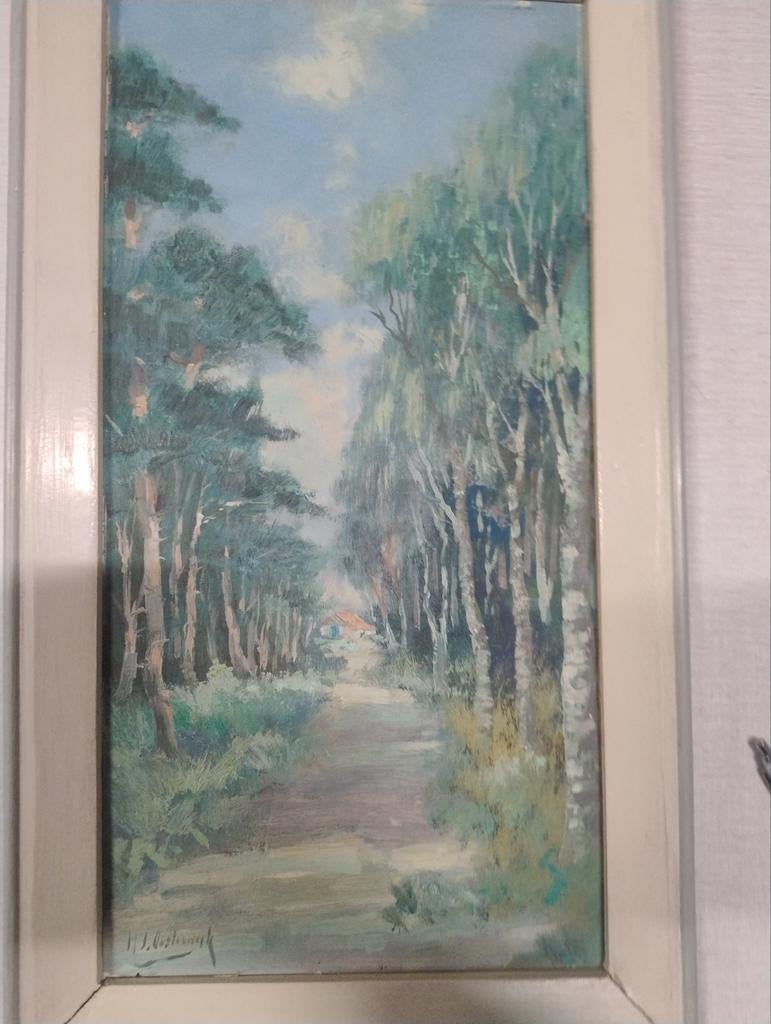 H.J. Oosterwijk boslandschap op paneel, Ophalen of Verzenden