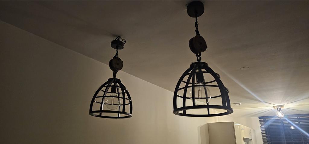 Set van industriële hang en plafondlampen, Huis en Inrichting, Lampen | Hanglampen, Ophalen, Gebruikt, Metaal, 50 tot 75 cm
