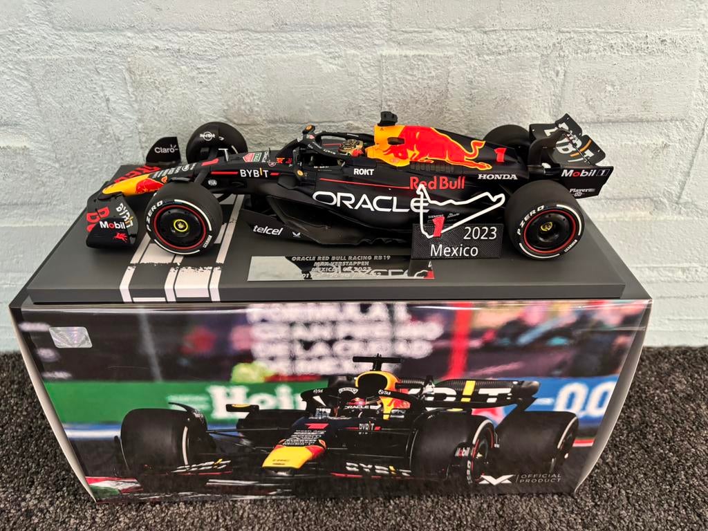 Max verstappen RB19 winner mexico 2023 1:18 model, Verzamelen, Ophalen of Verzenden, Zo goed als nieuw, Formule 1
