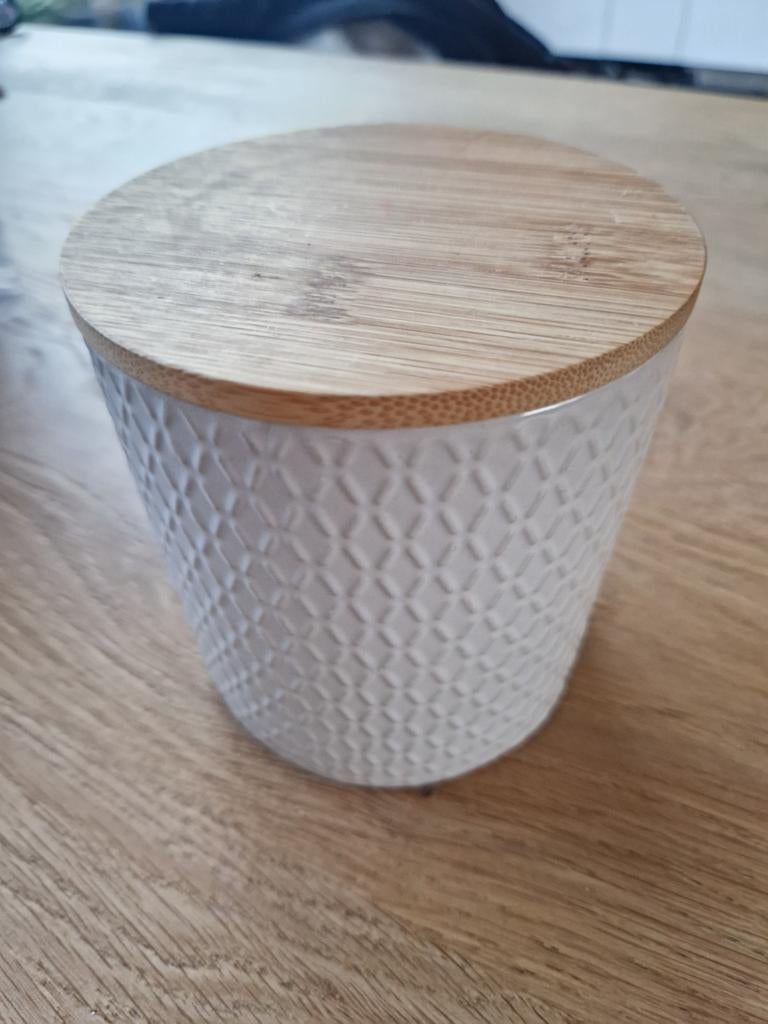 Mooi voorraadpotje met bamboe deksel, Gebruikt, Ophalen of Verzenden, Voorraadpot, Steen/keramiek