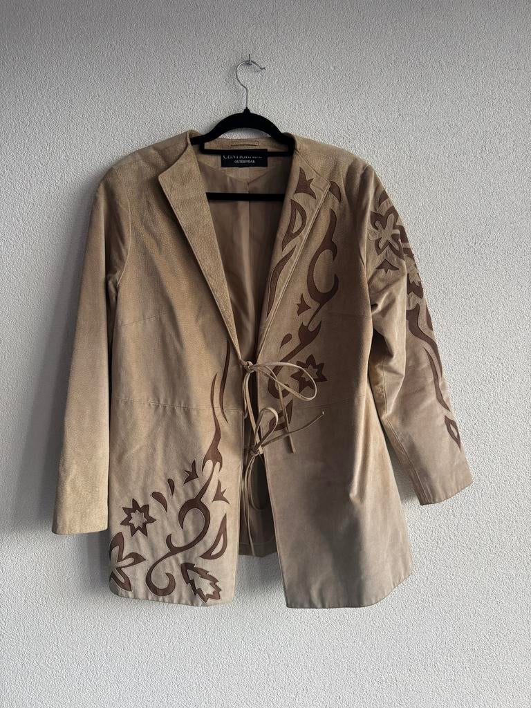 Vintage Y2K bruin leren suede blazer met borduursels, Vintage, Bruin, Vintage, Maat 46/48 (XL) of groter