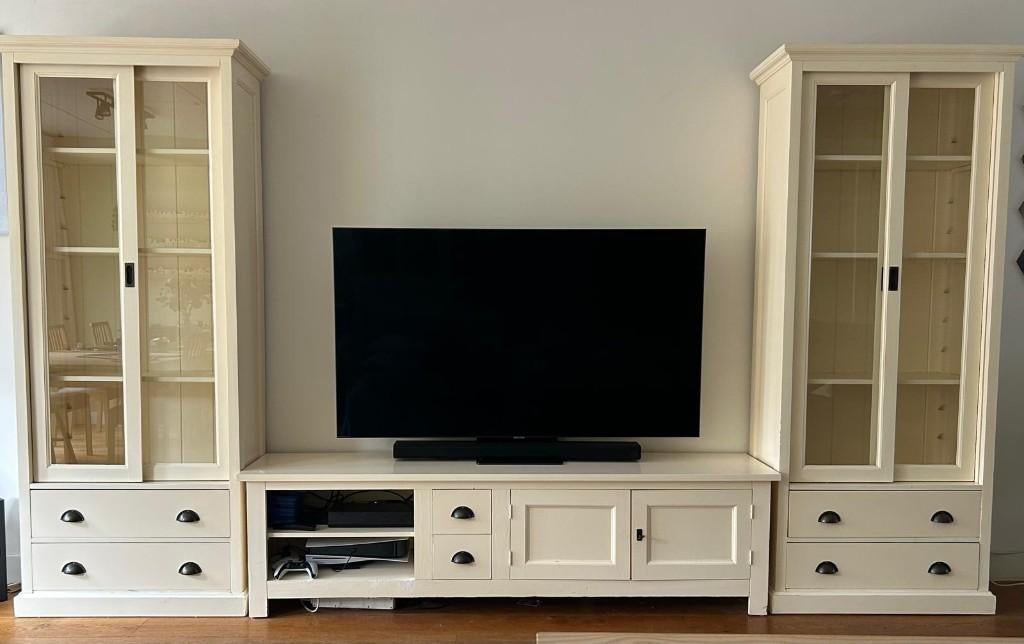 Massief houten landelijk TV-meubel met vitrinekasten, Ophalen, Gebruikt, 200 cm of meer, Landelijk