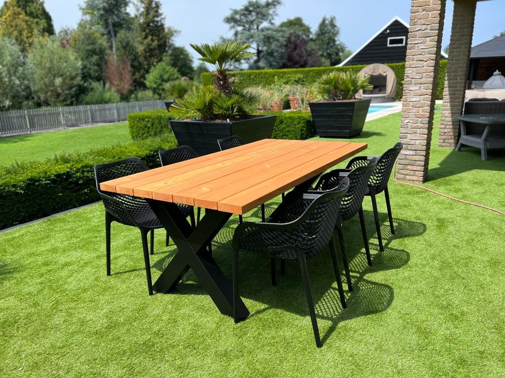 Moderne Tuintafel Douglas + Stalen poten | X Poot | DuuMaa, Ophalen of Verzenden, Nieuw, Rechthoekig, Hout