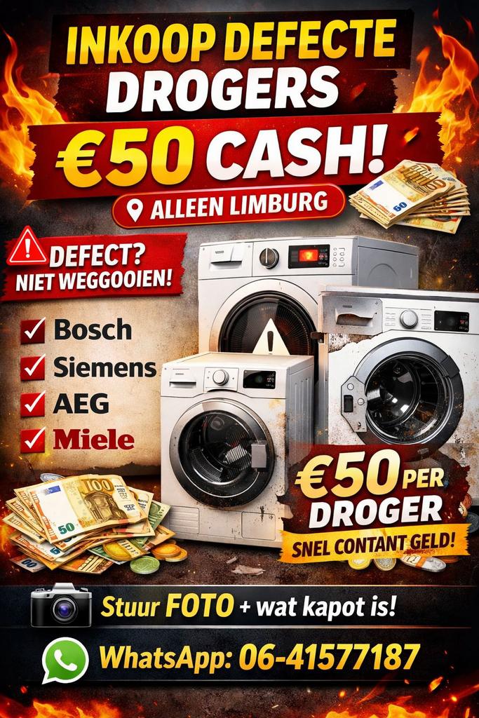 INKOOP DEFECTE DROGERS – €50 CASH!, Witgoed en Apparatuur, 6 tot 8 kg, N, Minder dan 85 cm, N