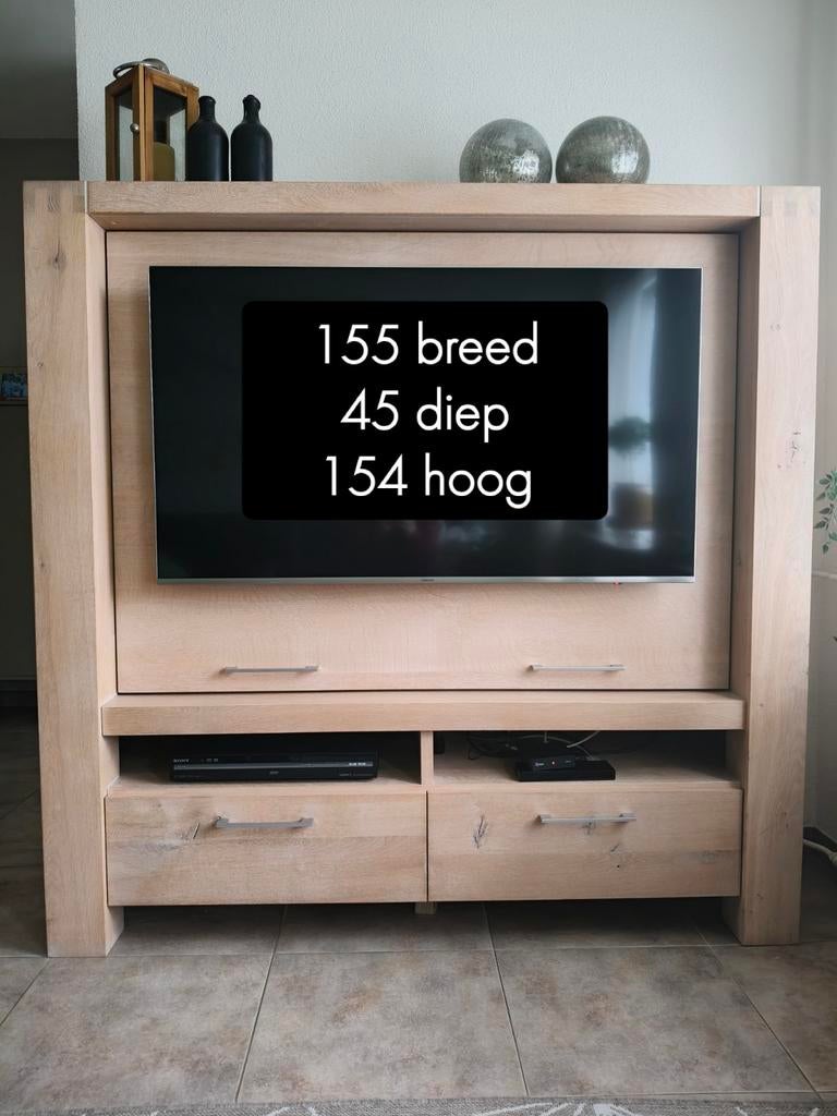 Massief Eiken TV Meubel met RVS Handvaten, Huis en Inrichting, Kasten | Televisiemeubels, Ophalen, Gebruikt, 150 tot 200 cm, Modern