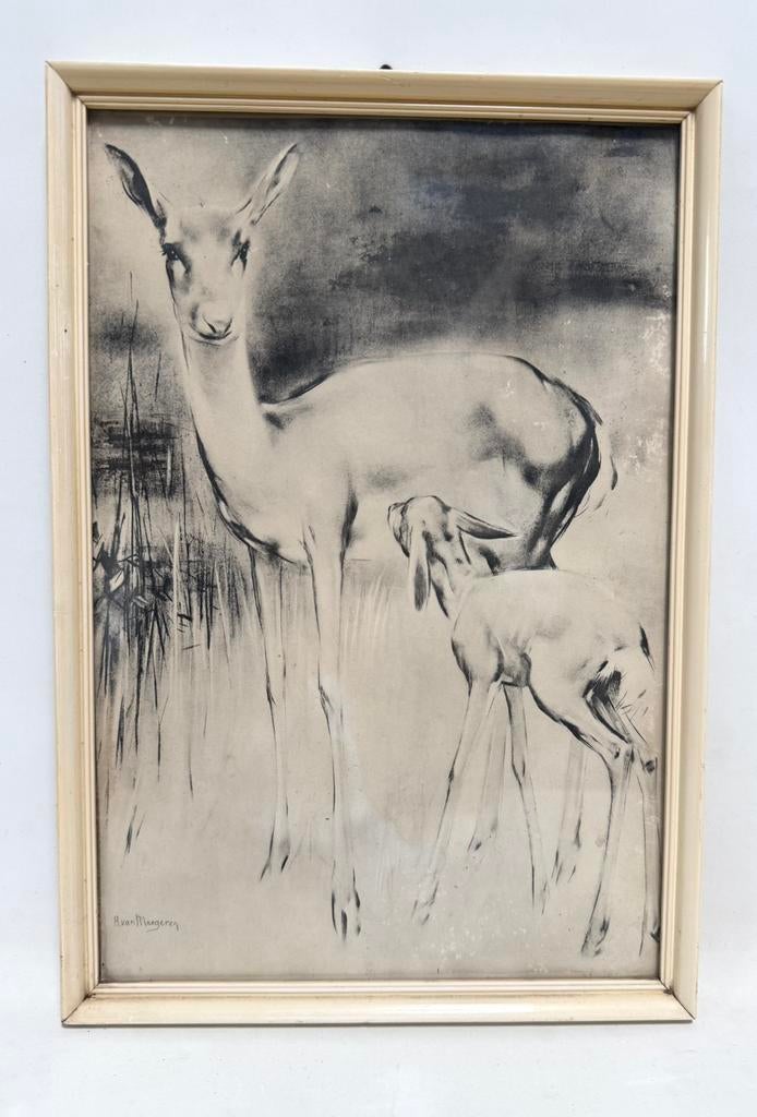 Schilderij van H van Meegeren - hertjes *vintage*design*, Antiek en Kunst, Ophalen of Verzenden