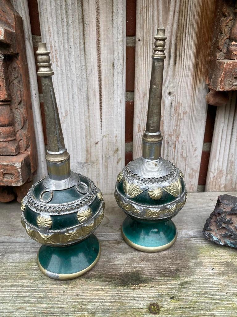 Vintage Marokkaanse groene kleifles prachtig versierd., Ophalen of Verzenden