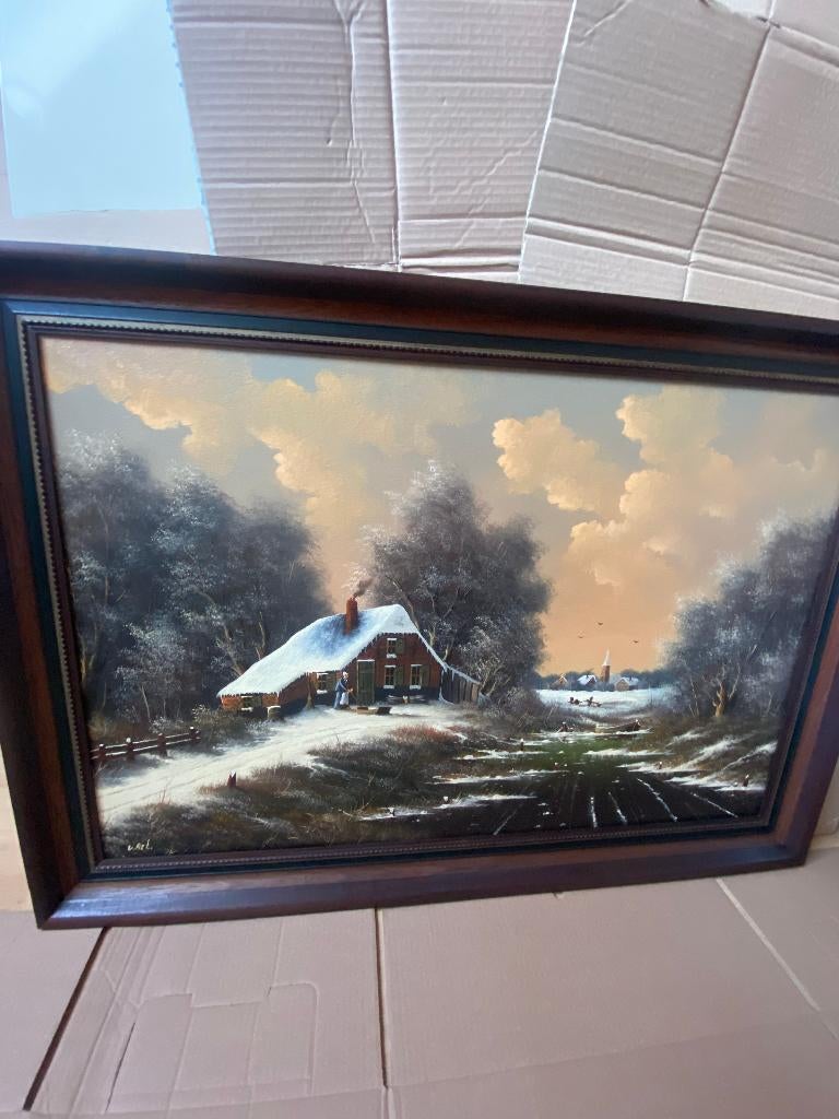 Winterlandschap olieverfschilderij. V.Ast, Antiek en Kunst, Kunst | Schilderijen | Klassiek, Ophalen of Verzenden