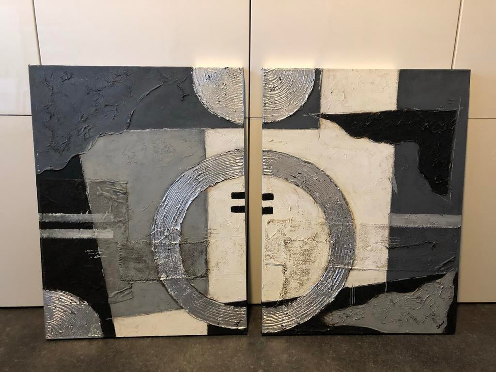 2 canvasdoeken, 2 luik, composition V en VI., Huis en Inrichting, Woonaccessoires | Schilderijen, Tekeningen en Foto's, Ophalen