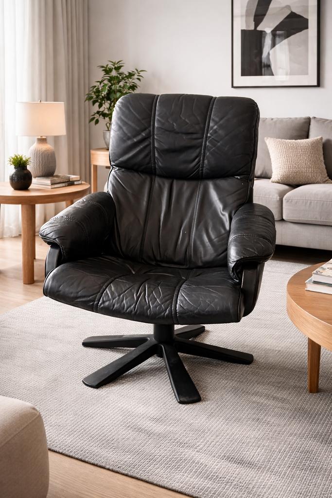 Comfortabele zwarte leren draaifauteuil, Huis en Inrichting, Ophalen, Gebruikt, Leer, 75 tot 100 cm