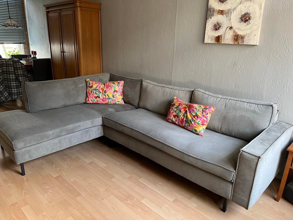 Comfortabele Hoekbank - Grijs Ribstof, Ophalen, 250 tot 300 cm, Gebruikt, Hoekbank