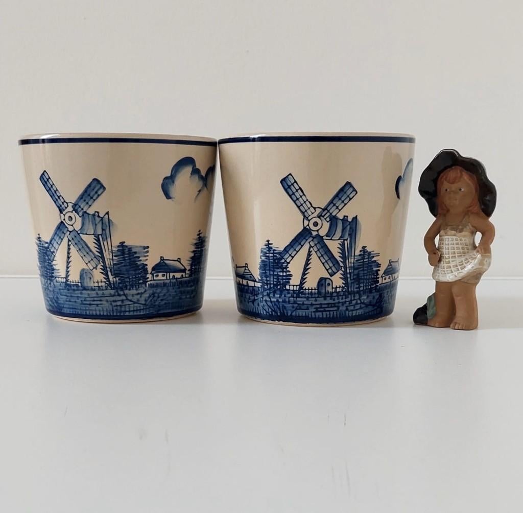 2 Vintage Delfts blauw bloempot pot Nederland Holland, Tuin en Terras, Bloempotten, Eu, Eu, Rond, Ophalen of Verzenden