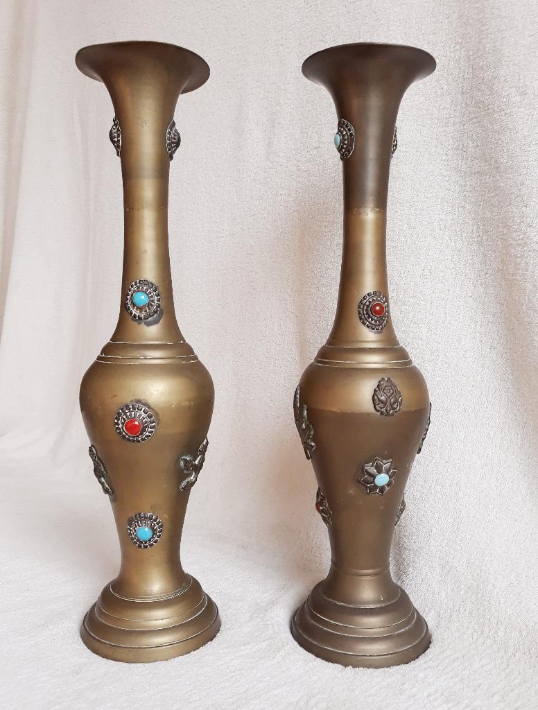 Vintage oosterse messing vazen met ingelegde stenen (36 cm), Ophalen of Verzenden