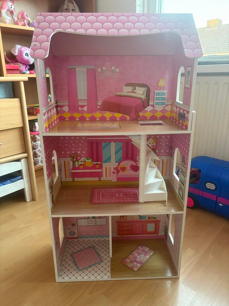 Groot roze poppenhuis met drie verdiepingen, Ophalen, Gebruikt, Poppenhuis