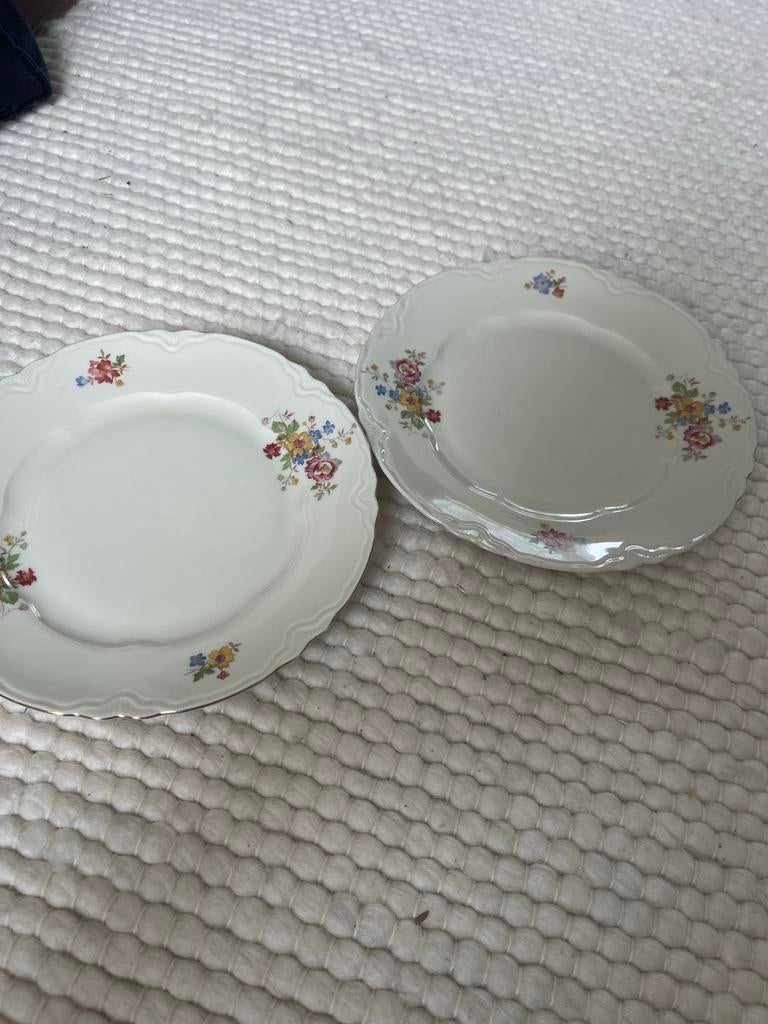Twee witte borden met bloemenpatroon, Gebruikt, Ophalen of Verzenden, Bord(en), Overige stijlen