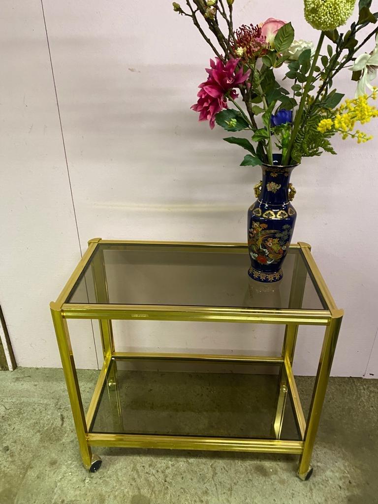 Vintage Barcart messing/goud op wielen rookglas serveerwagen, Ophalen, Minder dan 55 cm, Gebruikt, Metaal of Aluminium