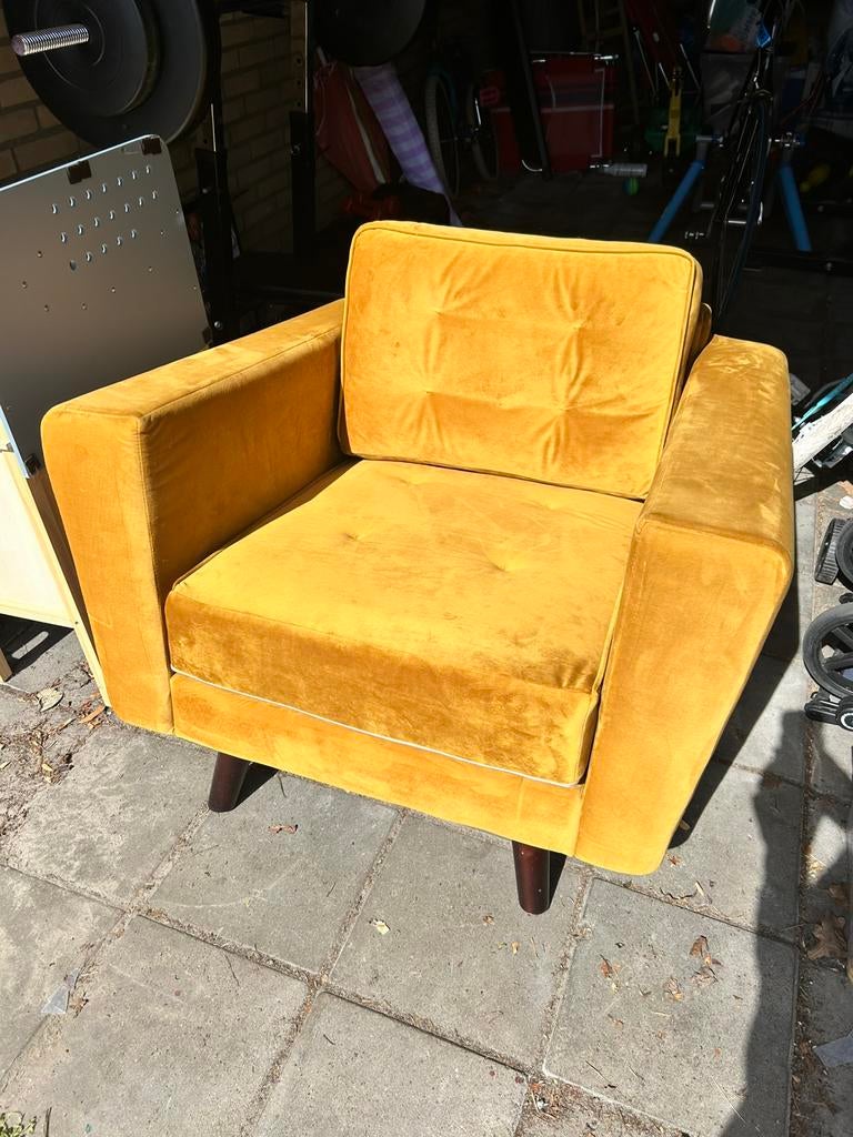 Oker gele velours fauteuil, Huis en Inrichting, Fauteuils, Ophalen, Zo goed als nieuw, 75 tot 100 cm, 75 tot 100 cm