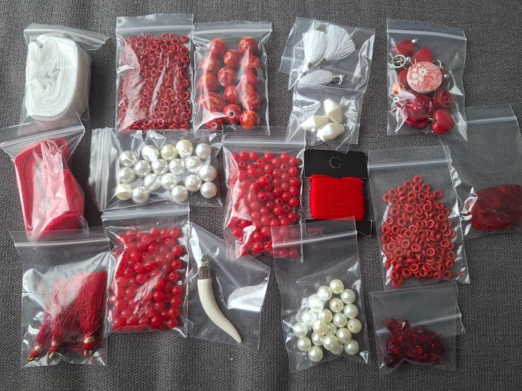 Pakket partij acryl kralen glaskralen rood wit lint, Kraal, -, -, Nieuw