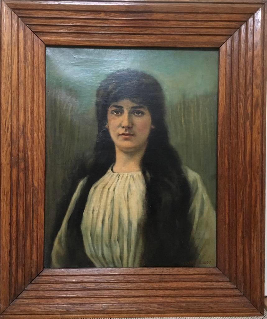 Antiek Portret Schilderij van Dame - Gesigneerd en Gedateerd, Ophalen