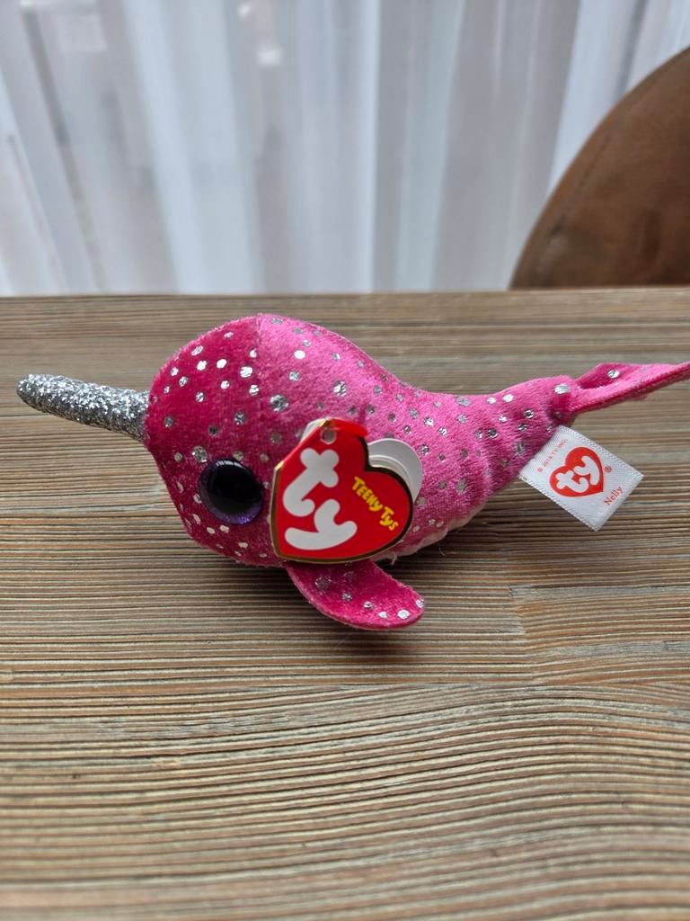 TY Beanie Boo Nelly de Narwal - Roze met Glitterogen 10cm, Ophalen, Zo goed als nieuw, Overige typen