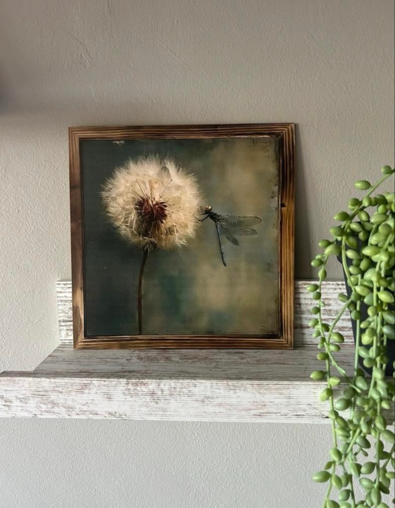 Houten paneel 15x15 cm met print van paardenbloem en libel, Ophalen of Verzenden, Nieuw, Print, Minder dan 50 cm