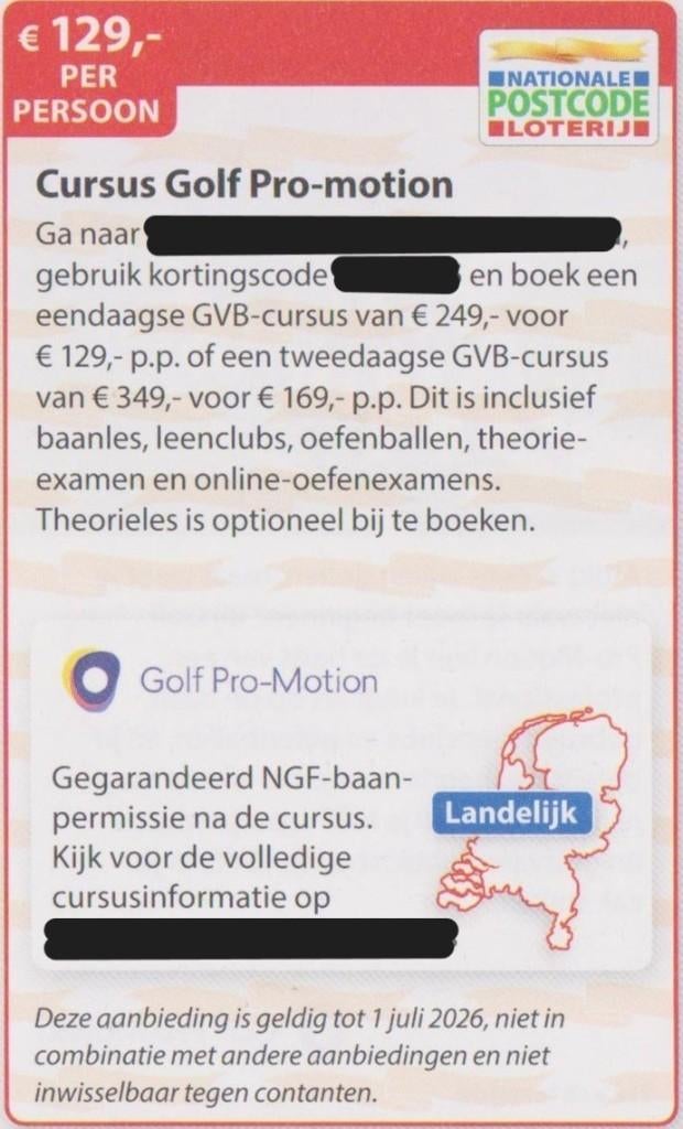 Cursus Golf Pro-Motion. € 129,- p.p. Postcodeloterij bon., Drie personen of meer, Kortingsbon