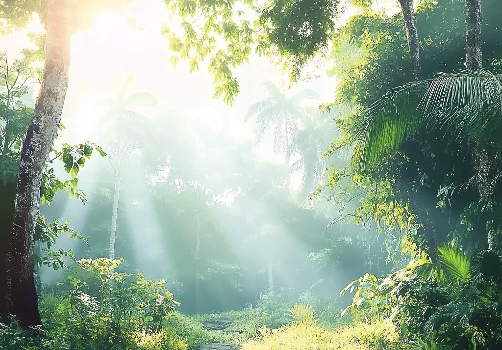 Jungle fotobehang Zonnestralen, Jungle behang, sfeerbehang, Verzenden, Minder dan 10 m², Jungle behang, oerwoud, op maat, botanisch