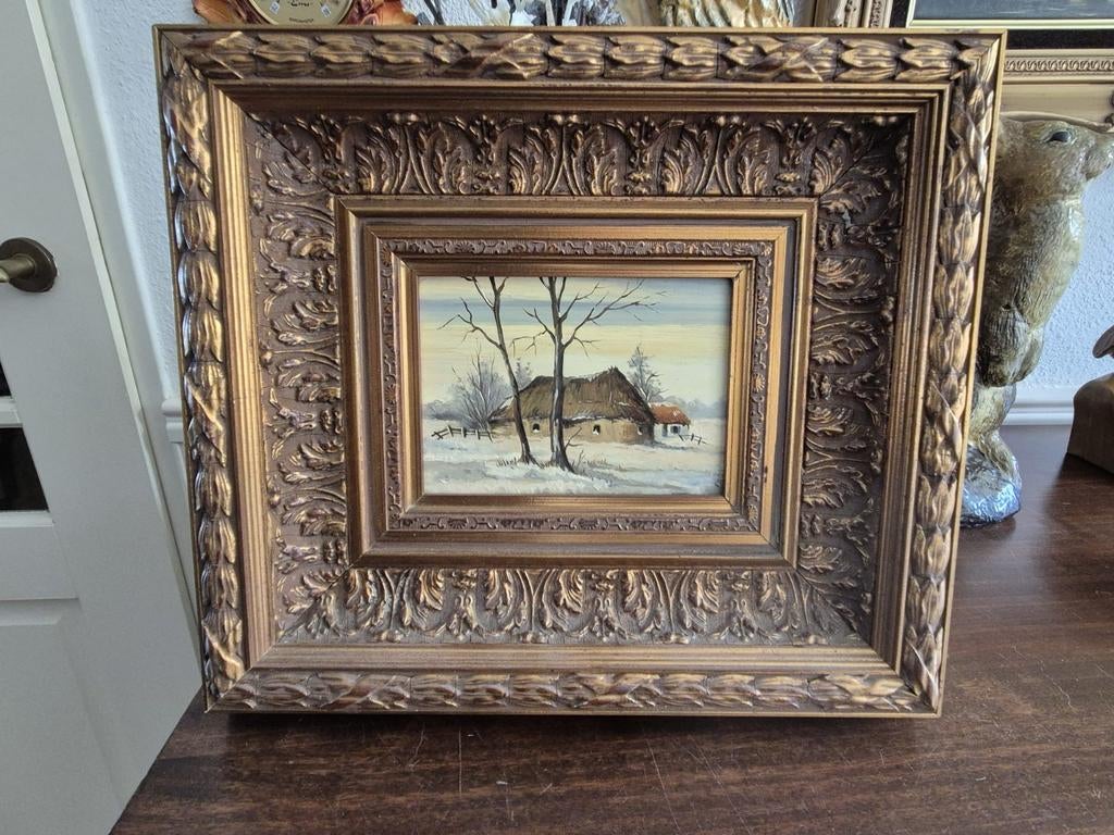 Schilderij Winterlandschap met boerderij in sierlijke lijst, Ophalen of Verzenden