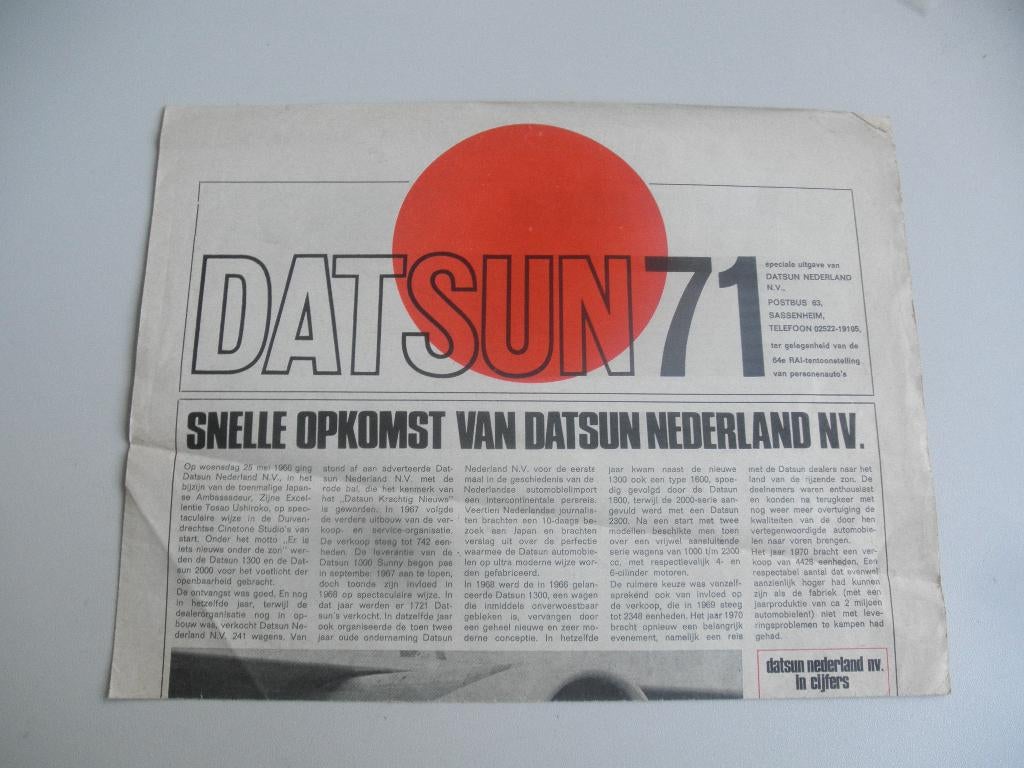 autofolder Datsun RAI krant 1971, Ophalen of Verzenden, Gelezen, Overige merken