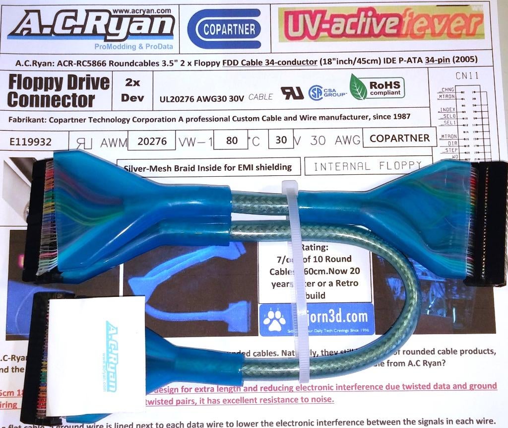 AC Ryan Floppy Disk Drive Roundcables Ronde Kabel 2xFDD IDE, Computers en Software, Vintage Computers, Ophalen of Verzenden, AC Ryan
