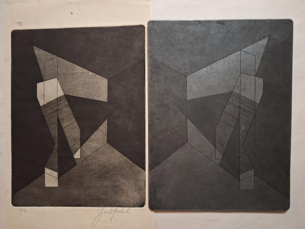 Abstracte ets + etsplaat van Jan Henkel, Ophalen of Verzenden