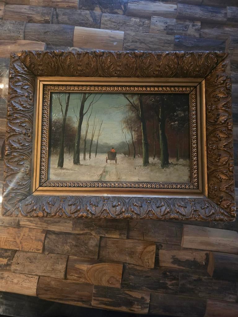Schilderij Winterlandschap met Koets, Antiek en Kunst, Kunst | Schilderijen | Klassiek, Ophalen of Verzenden