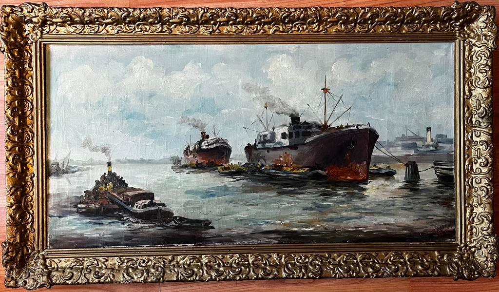 Oud havenzicht, Antiek en Kunst, Kunst | Schilderijen | Klassiek, Ophalen of Verzenden