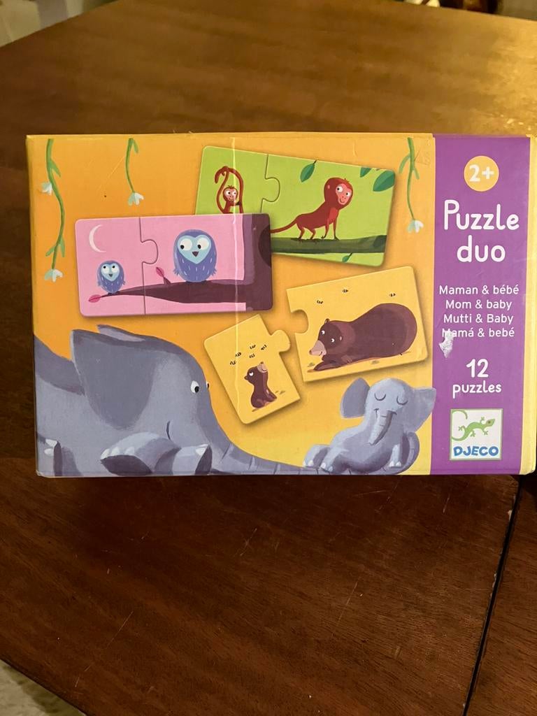 Djeco puzzle duo puzzel 12 paren moeder en baby dier, Ophalen of Verzenden, 10 tot 50 stukjes, Zo goed als nieuw