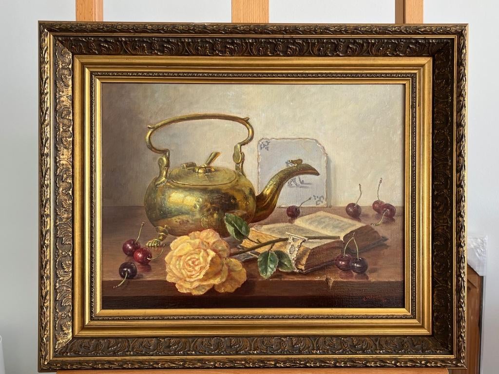 E. Moleveld, stilleven met koperen ketel, roos en kersen, Antiek en Kunst, Kunst | Schilderijen | Klassiek, Ophalen