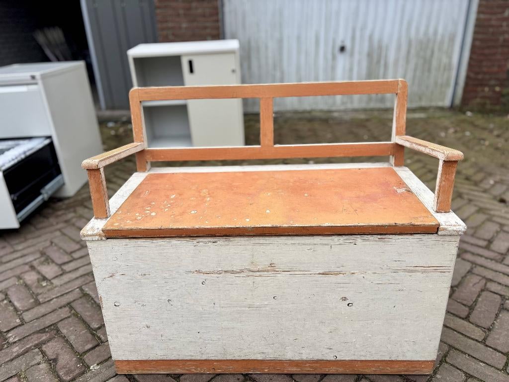 houten bankje met bergruimte, Ophalen, Gebruikt, Minder dan 75 cm, Tweepersoons