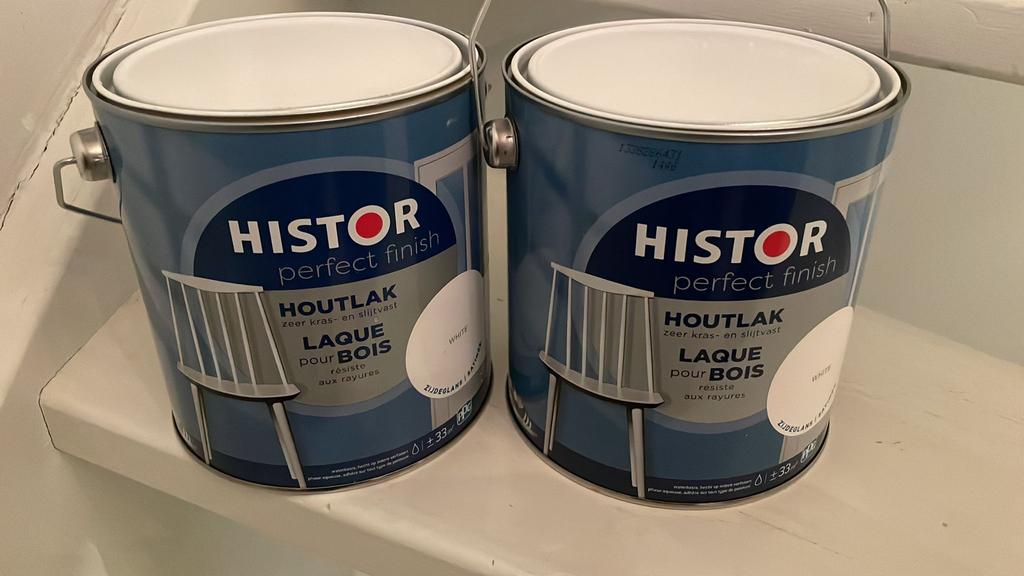 2 x HISTOR  2,5 l. ZIJDEGLANS OfWhite/ 9016  2 voor 80 euro, Wit, Nieuw, Ophalen of Verzenden, Lak