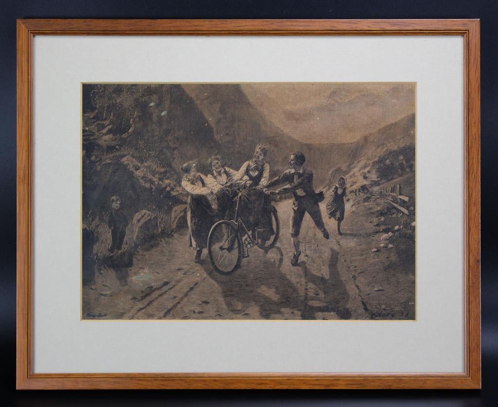 Antieke gravure in lijst 19e eeuw spelende kinderen oude ets, Ophalen