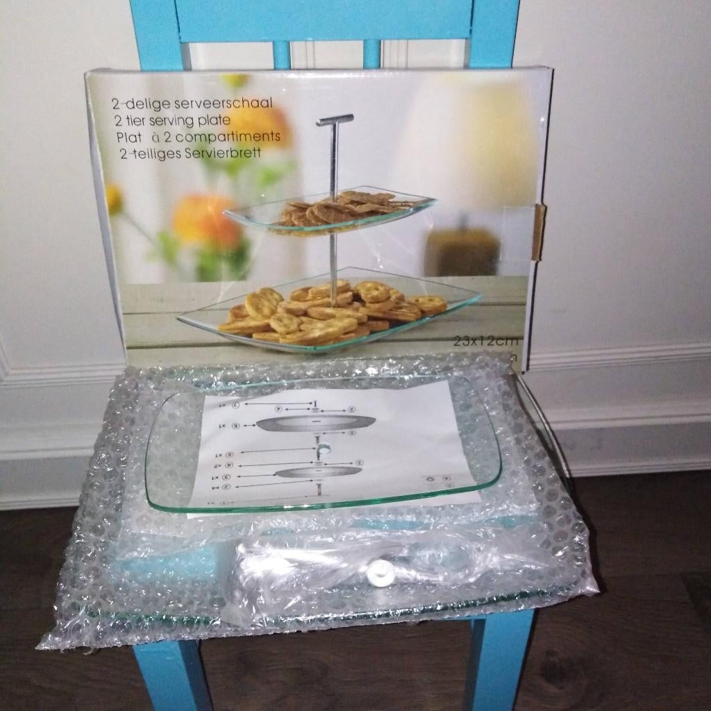 Glazen 2-laags etagère /2-delige serveerschaal, Ophalen, Nieuw