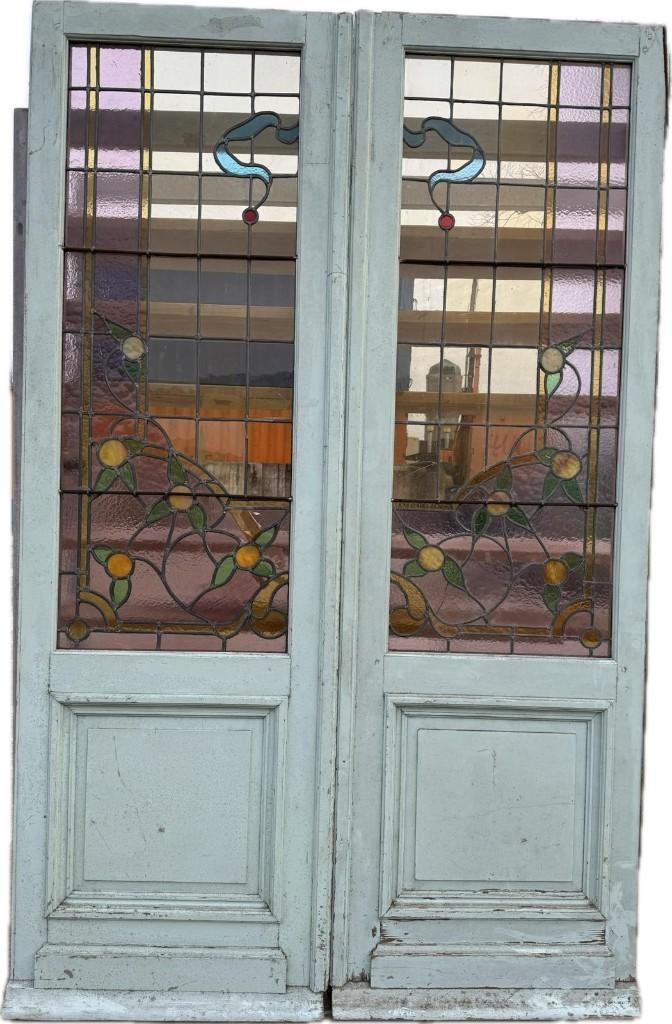 Set openslaande glas in lood deuren jugendstil 224x140cm., Ophalen