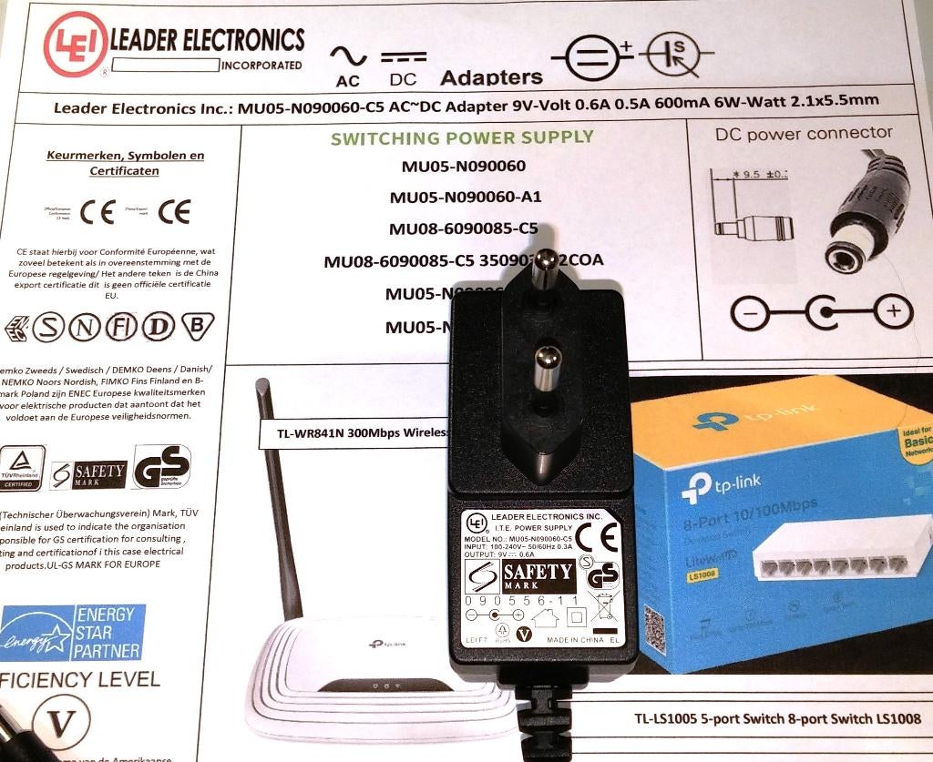 Leader TP-Link MU05-N090060-C5 9V 0.6A 6W AC Adapter Oplader, Ophalen of Verzenden, Zo goed als nieuw