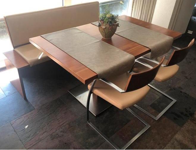 Eetkamer set eetbank tafel en 2 stoelen leer kersenhout, Ophalen, Gebruikt, Minder dan 4 stoelen