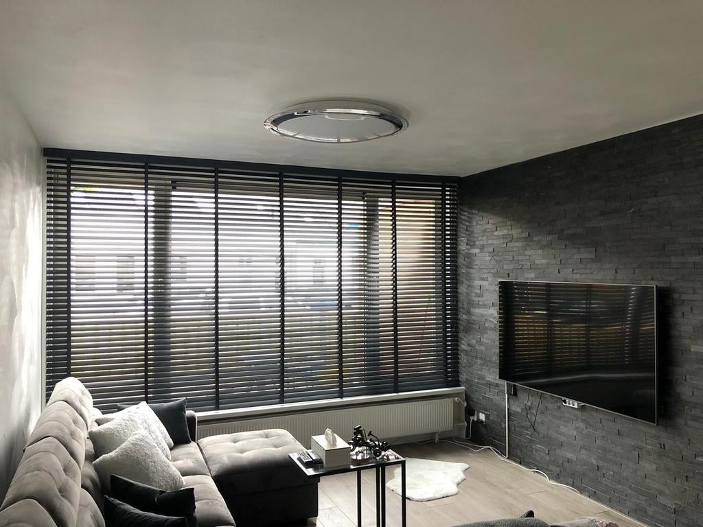 Houten Antraciet Jaloezieën 3630mm × 2065mm, Ophalen, 200 cm of meer, Antraciet Jaloezie houten lamellen, Grijs